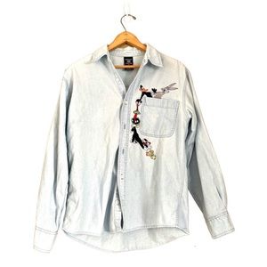 Warner Brothers Looney Tunes Chambray Button Down Shirt Blue Size XS Casual